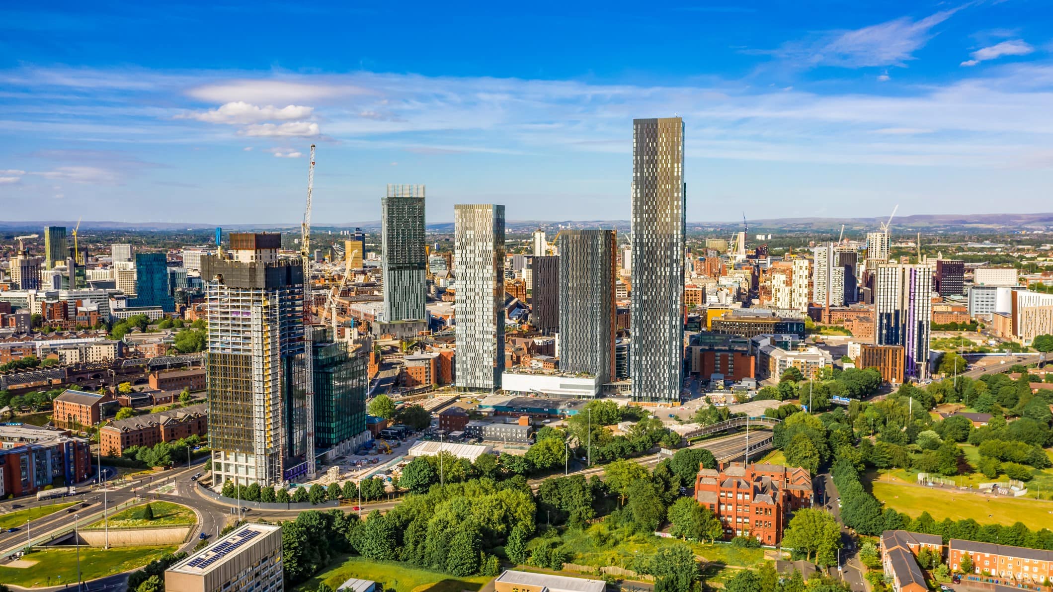 Aerial shot of Manchester UK on a beautiful summer day 