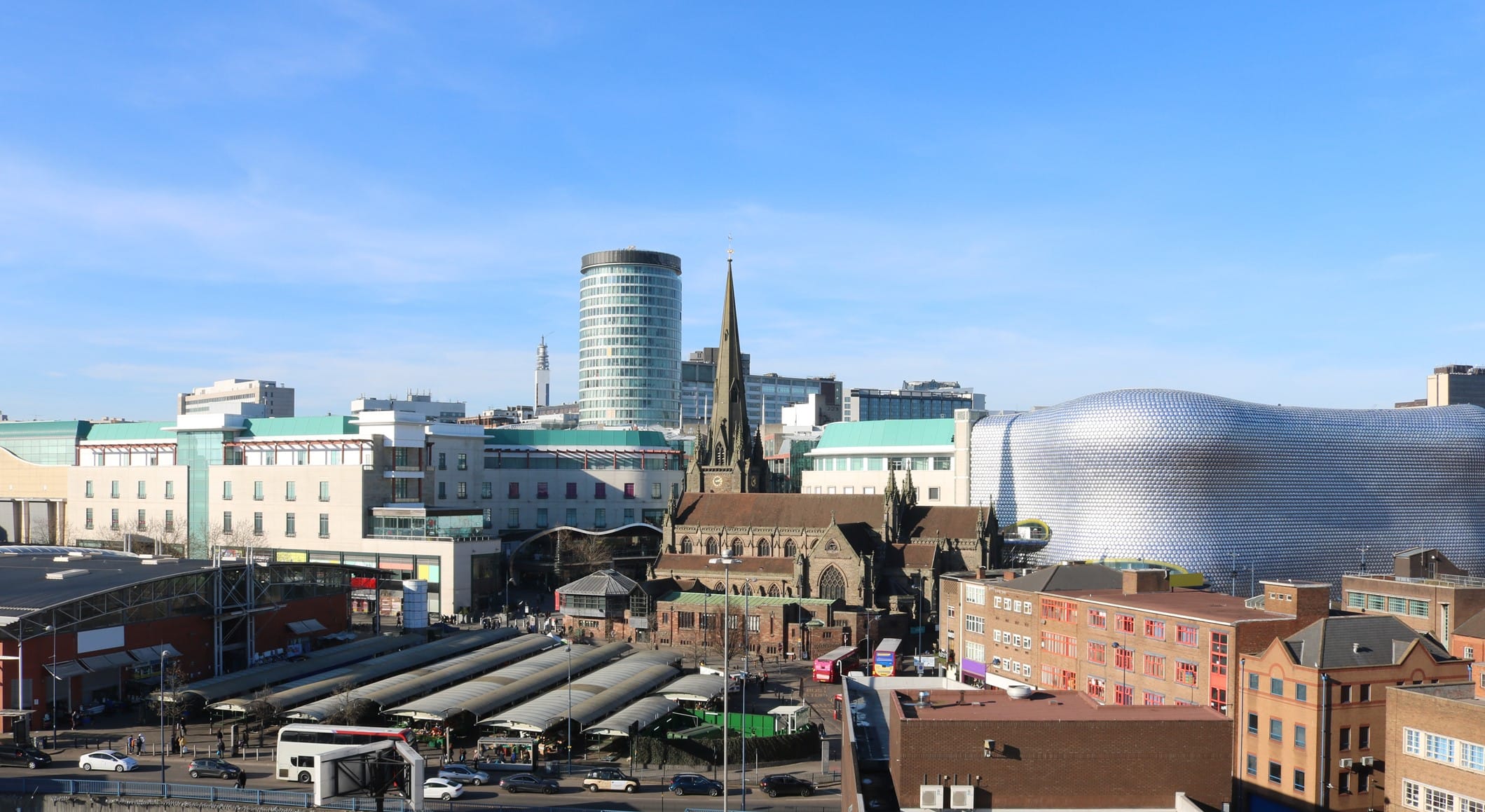 Birmingham UK skyline including Rag Market, St Martins Church, Rotunder and The Bullring