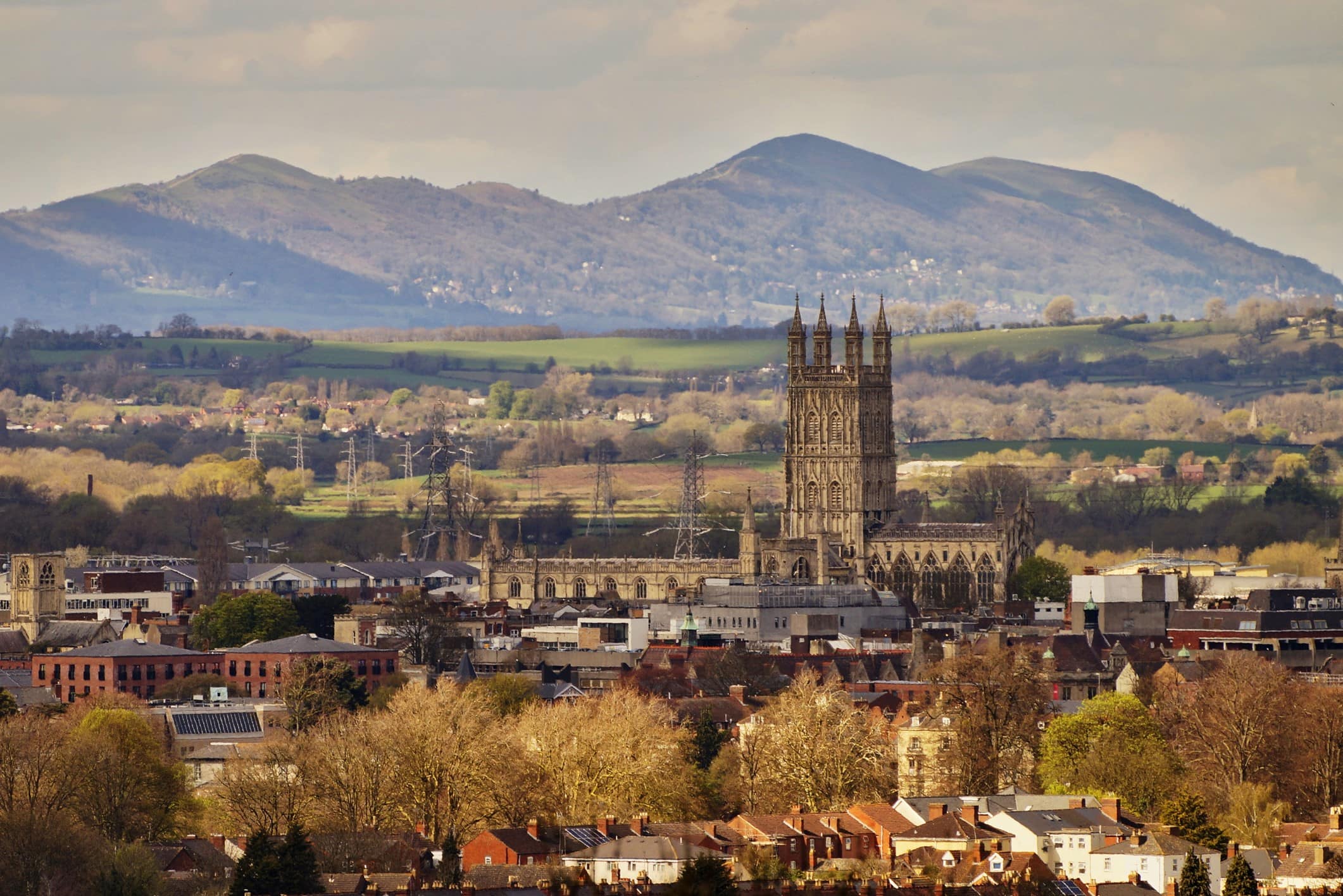 Skyline view of Gloucester, United Kingdom, including the cathedral