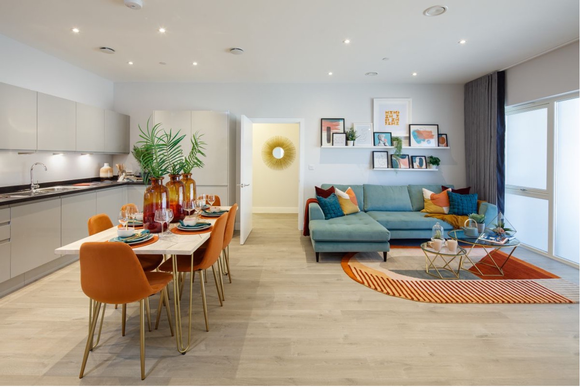 Shared Ownership in London; the dining room, living area and kitchen of Merrielands in London