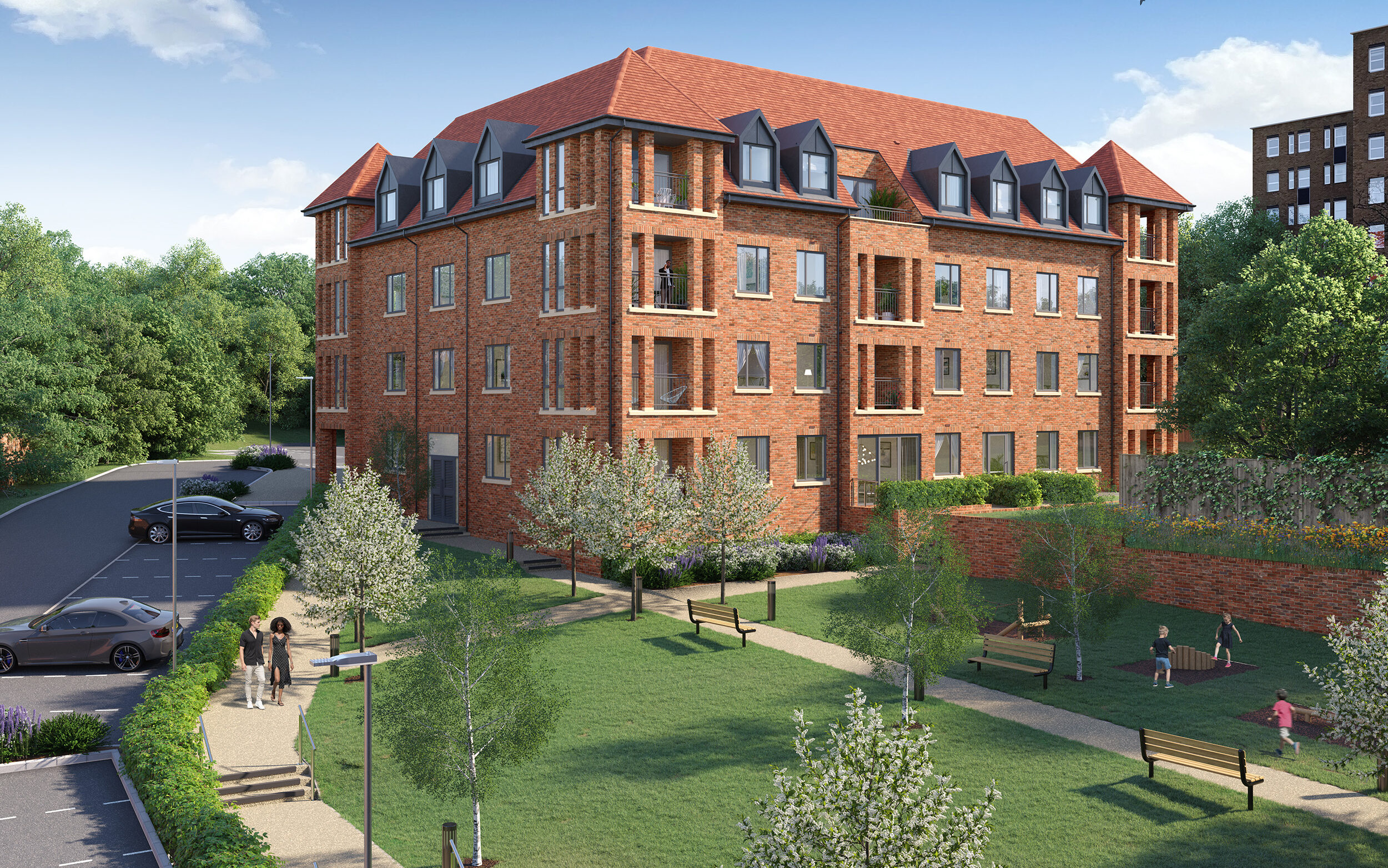 An exterior CGI image of a development from Square Roots - available to purchase through Shared Ownership.