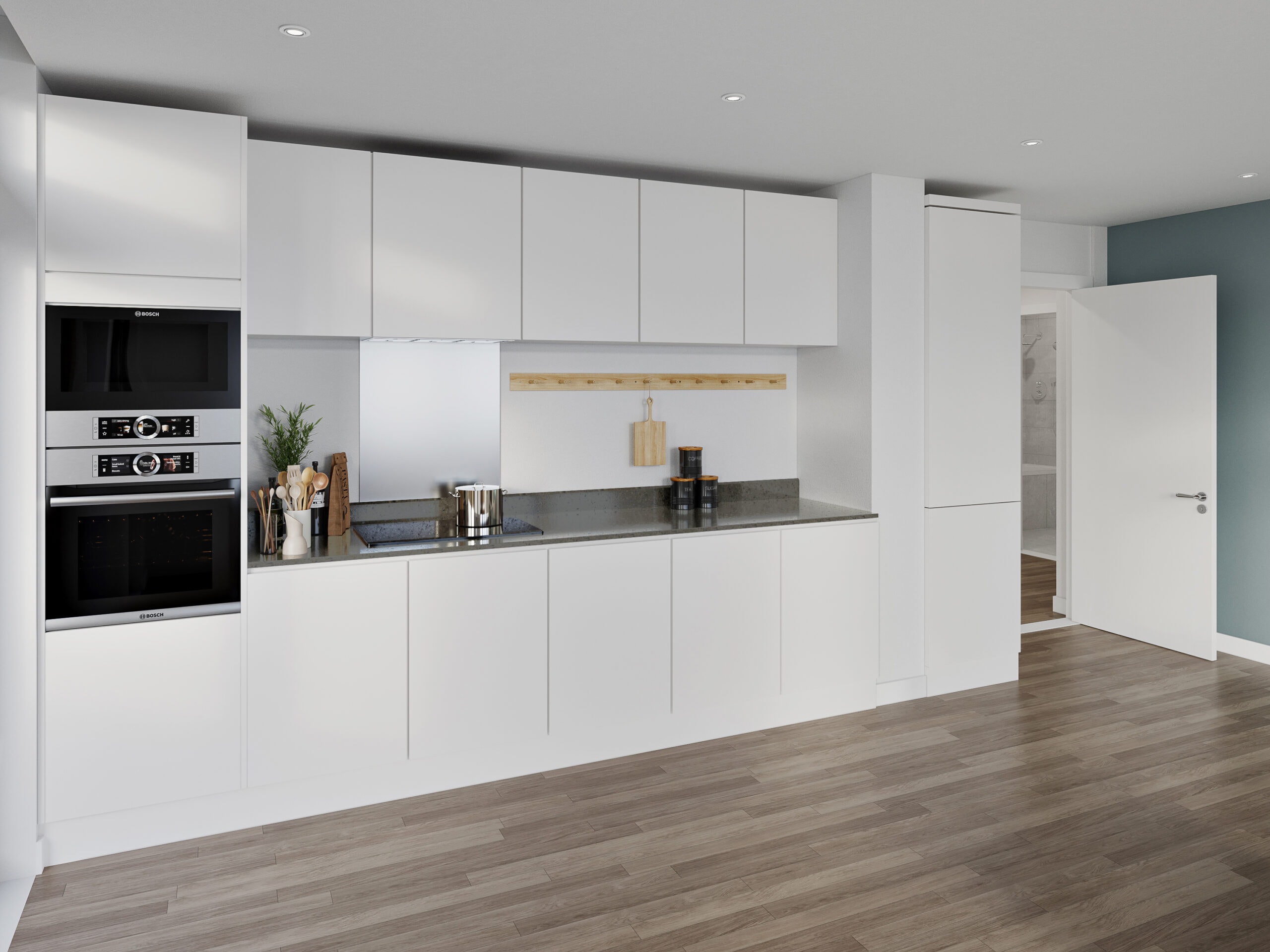 A CGI image of a kitchen at the Hangar 16 development by BE WEST - Help to Buy and Shared Ownership apartments available on Share to Buy!