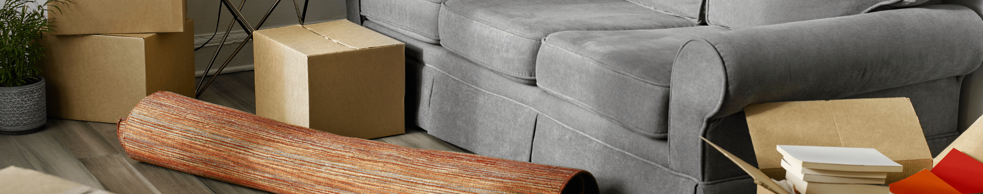 Sofa and packing boxes. Start your property search on Share to Buy!