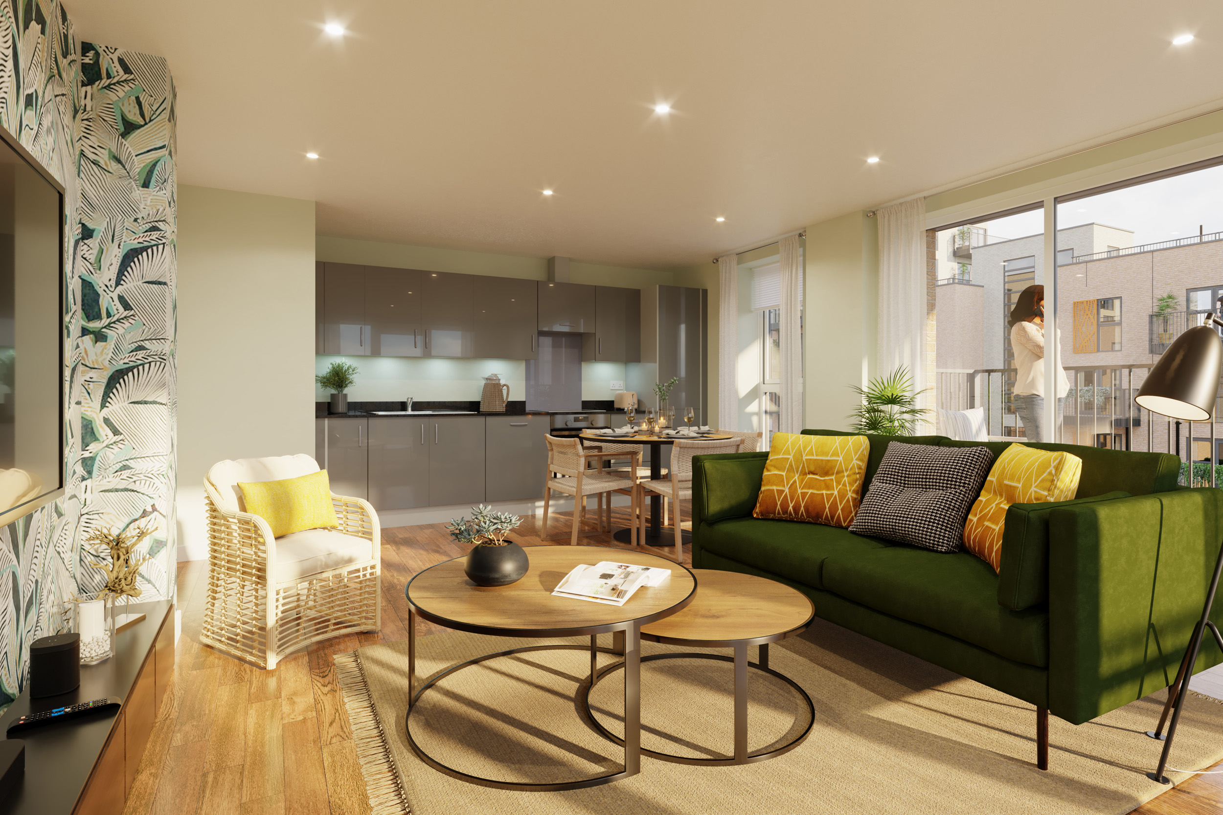 A CGI image of a living room at Cable Wharf by Love Living Homes - available to purchase through Shared Ownership on Share to Buy!