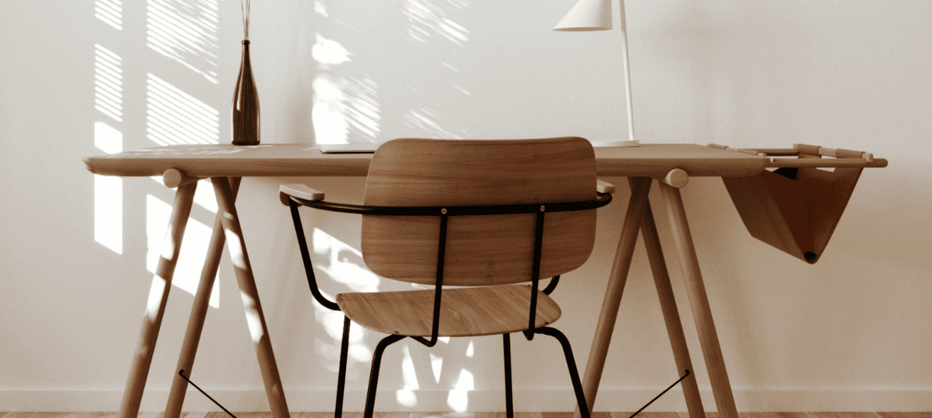 Brown desk and chair, home office set up