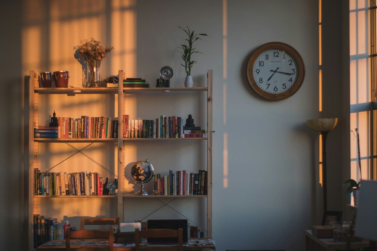 Bookcase in apartment, dusky light cast from window