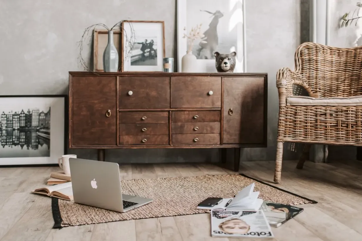 Living Room with Laptop and work papaers on the floor