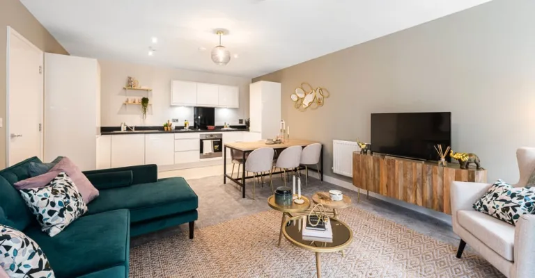 open plan kitchen and living area with sofa and dining table