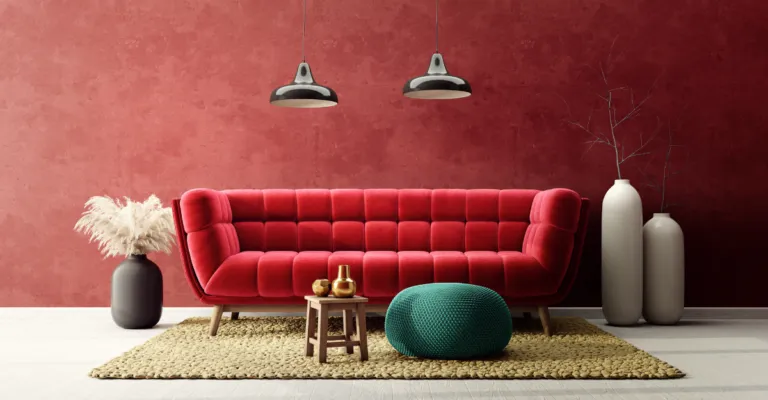 red sofa with yellow rug and home decor