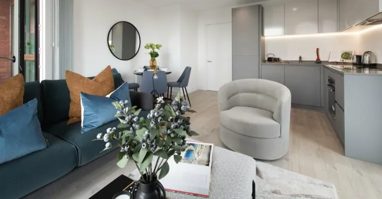 open plan kitchen and living area with duck egg blue sofa and grey chair