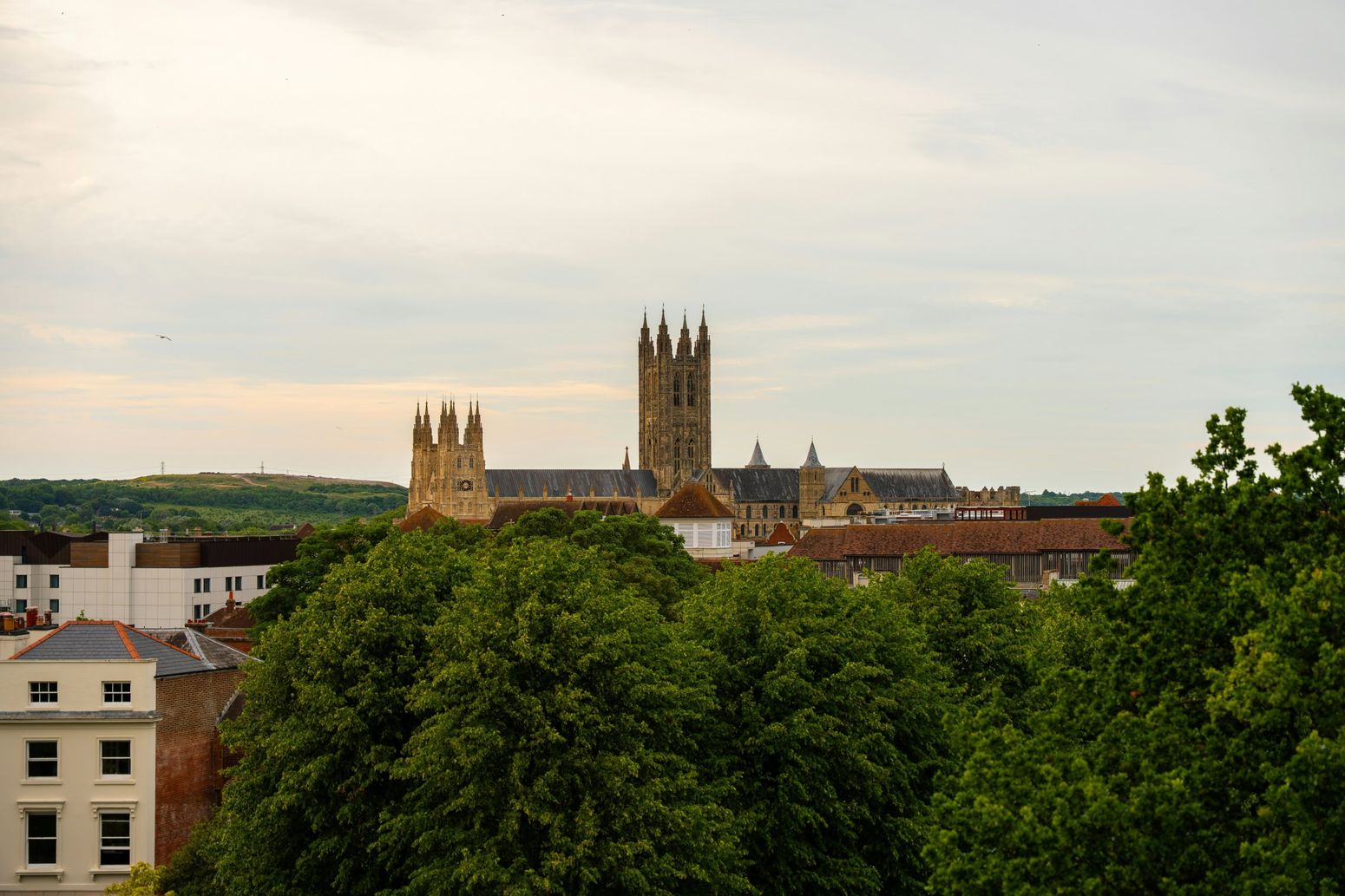 Canterbury cathedral rising above the green city.