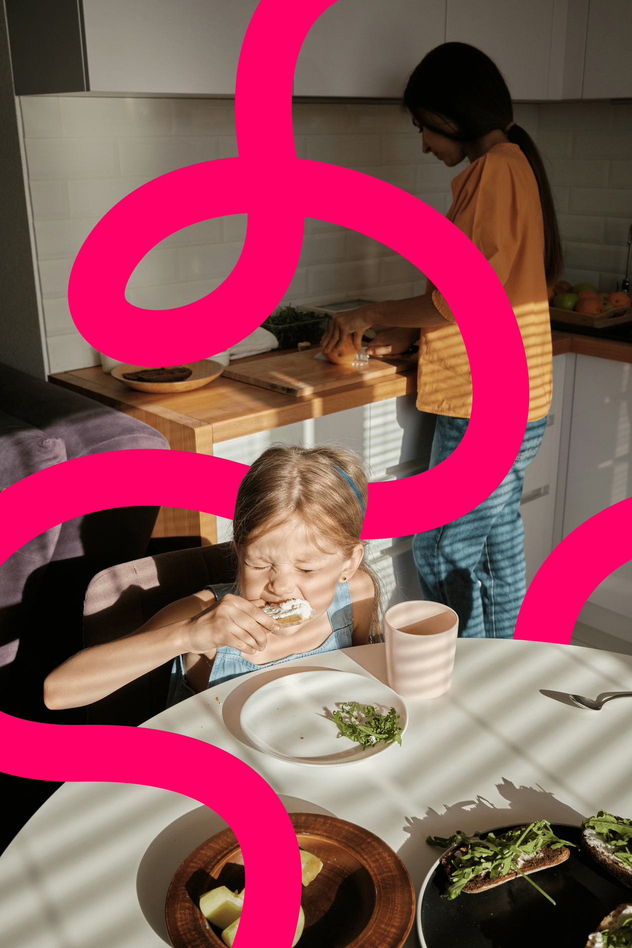 Woman preparing and eating breakfast with her daughter