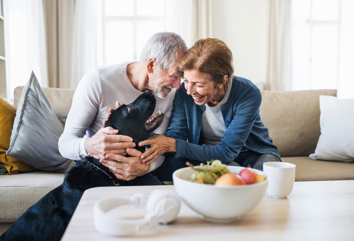 Couple at home on the sofa with their pet dog.